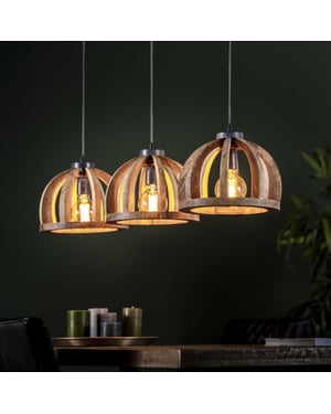Hoyz Hoyz hanglamp gemaakt van naturel mangohout- 3 lampen gebogen houten spijlen Ø30 stoere look -150cm in hoogte verstelbaar industriële hanglamp voor woonkamer of eetkamer