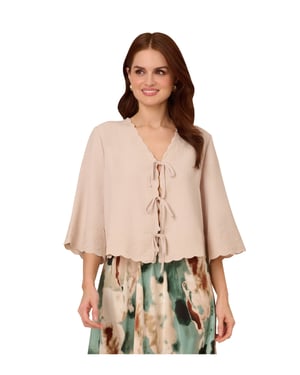V-Neck Open Front Woven Top With Embroidery Scalloped Edge