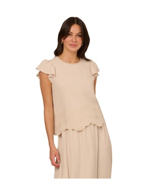 Scalloped Crew Neck Swingy Airflow Flutter Sleeve Cutout Top