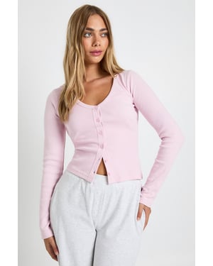 Ribbed Button Through V Neck Long Sleeve Top