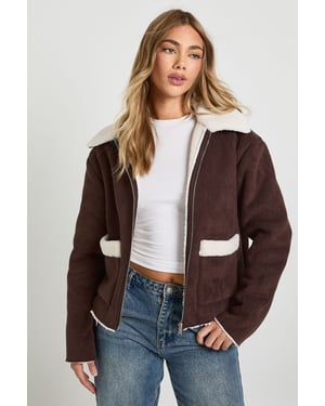 Teddy Trim Faux Suede Aviator