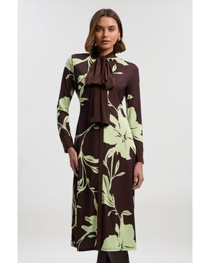 Petite Floral Print Bow Detail Ruched Long Sleeve Crepe Maxi Dress
