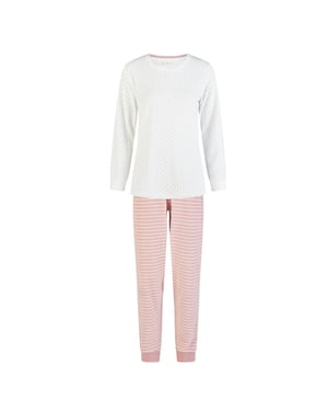 By Louise Dames winter pyjama set lang badstof wit/roze gestreept