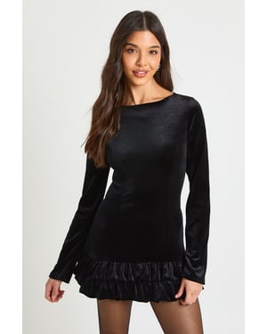 Velvet Ruffle Hem Long Sleeve Mini Dress
