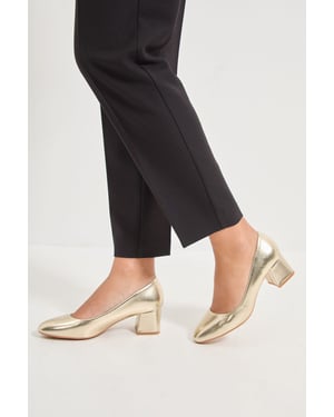 Good For The Sole: Fiorette Faux Metallic Leather Padded Comfort Sock Low Block Heeled Court Shoes