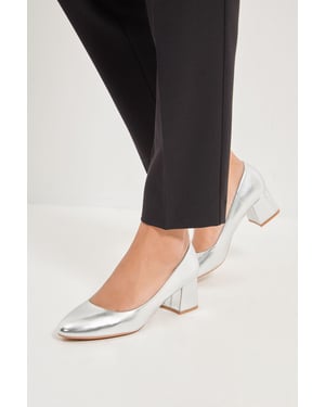 Good For The Sole: Fiorette Faux Metallic Leather Padded Comfort Sock Low Block Heeled Court Shoes