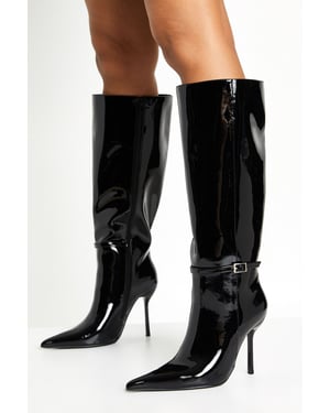 Patent Stiletto Buckle Detail Pointed Toe Knee High Boots