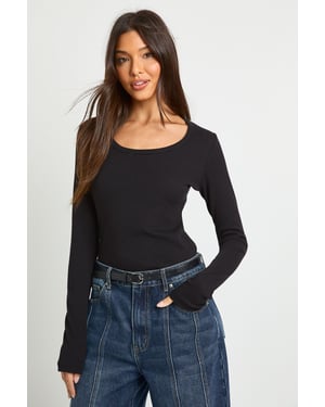Basic Rib Scoop Neck Fitted Long Sleeve Top
