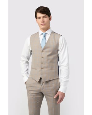 Slim Fit Italian Oatmeal Blue Check Waistcoat