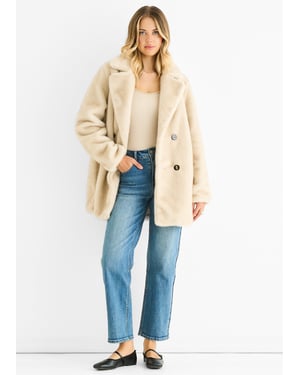 Beige dubbelknäppt lång jacka i fuskpäls