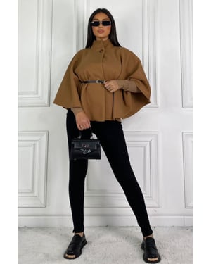 Belted High Neck Cape Coat