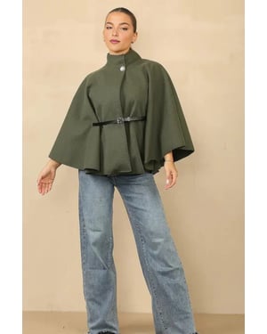 Belted High Neck Cape Coat