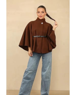 Belted High Neck Cape Coat