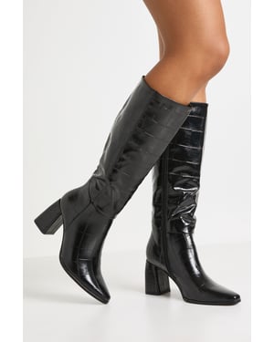 Croc Block Heel Knee High Boots