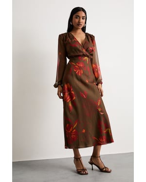 Printed Shoulder Pad V Neck Tie Detail Midi Dress