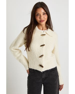 Chunky Boucle Knit Toggle Button Collar Detail Knitted Jumper