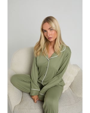 Jersey Piping Detail Long Sleeve Shirt & Trouser Pyjama Set
