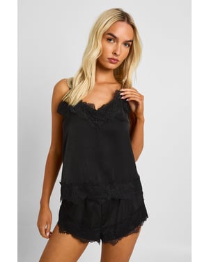 Eyelash Lace Trim Satin Cami & Shorts Pyjama Set