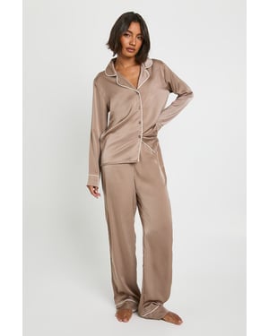 Tall Satin Piping Detail Long Sleeve Shirt & Trousers Pyjama Set