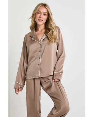 Petite Satin Piping Detail Long Sleeve Shirt & Trousers Pyjama Set