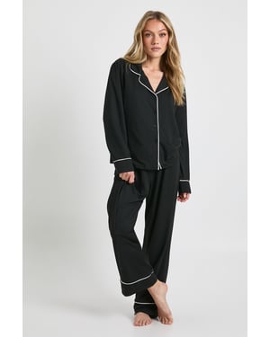 Petite Jersey Piping Detail Long Sleeve Shirt & Trousers Pyjama Set