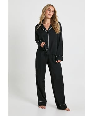 Petite Satin Piping Detail Long Sleeve Shirt & Trousers Pyjama Set
