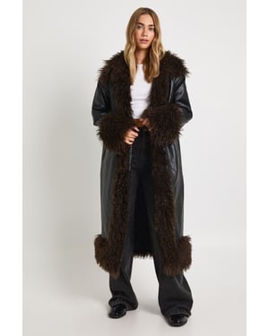 Faux Fur Trim Faux Leather Maxi Coat