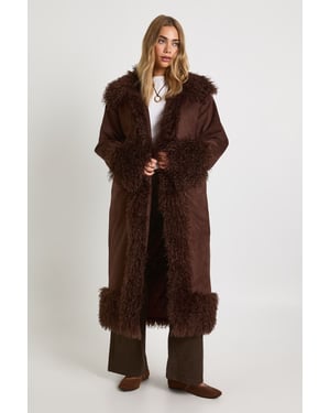 Faux Fur Trim Faux Suede Maxi Coat