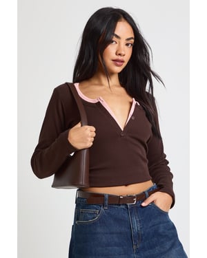 Ribbed Contrast Henley Button Long Sleeve Top