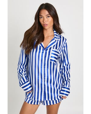 Oversized Contrast Stripe Pyjama Shirt & Short Set
