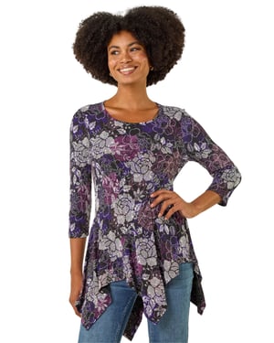Floral Puff Print Hanky Hem Top
