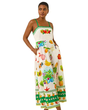Fruit Print Strap Detail Midi Dress