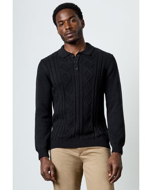 Black Cotton Nylon Blend Cable Knit Long Sleeve Polo Jumper
