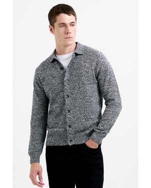 Grey Cotton Blend Melange Knitted Button-Up Polo Jumper