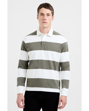 Light Green Cotton Striped Rugby-Style Long Sleeve Polo Shirt