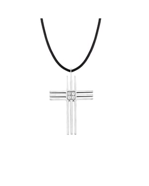 Stainless Steel Grooved Cross Pendant With CZ Centre - 20 Inches Leather Cord