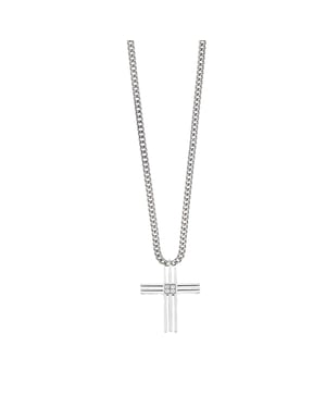Stainless Steel Grooved Cross Pendant With CZ Centre - 20 Inches Steel