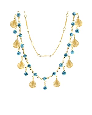 Gold Plated Shell And Crystal Double Layer Necklace And Bracelet Set