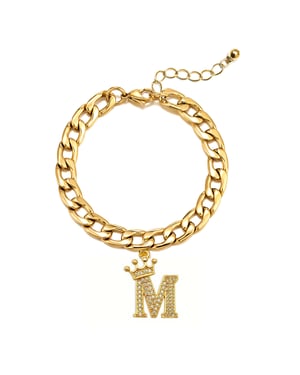 Gold Plated Crystal Letter Charm Curb Bracelet - M