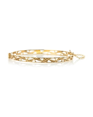 9ct Yellow Rolled Gold Daisy Leaf Hinged Bangle Bracelet, Safety Chain