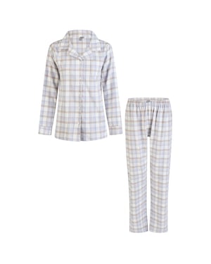 By Louise Dames pyjama set flanel lang met knoopsluiting blauw/wit geruit