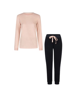 By Louise Dames winter pyjama set lang badstof roze/donkerblauw gestipt