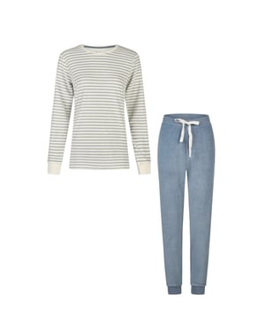 By Louise Dames winter pyjama set lang badstof wit/blauw gestreept
