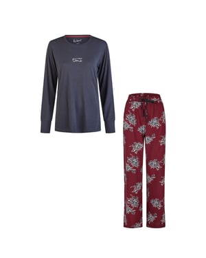 By Louise Dames pyjama set lang modal/bamboe viscose donkerblauw/bordeaux rood gebloemd