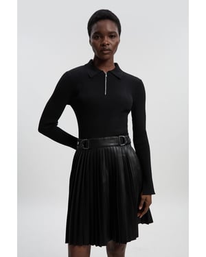 Knitted Zip Neck Pu Mix Pleated Mini Dress