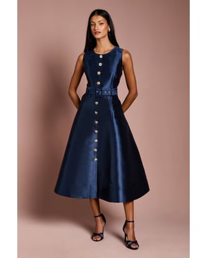 Petite Button Through Belted Prom Dress
