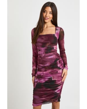 Square Neck Ruched Mesh Midi Bodycon Dress