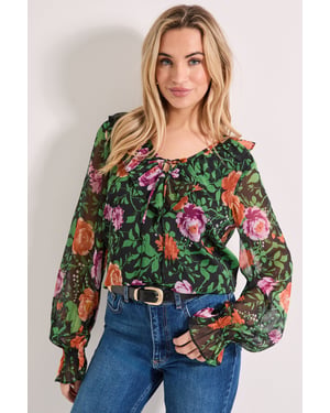 Ruffle Tie Front Long Sleeve Printed Chiffon Blouse