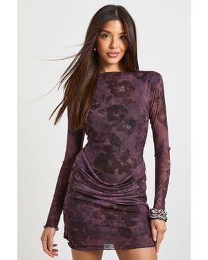 Floral Mesh Drape Waist Detail Mini Dress