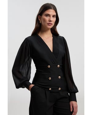 Figure Form Woven Mix Military Button Blazer Knit Top